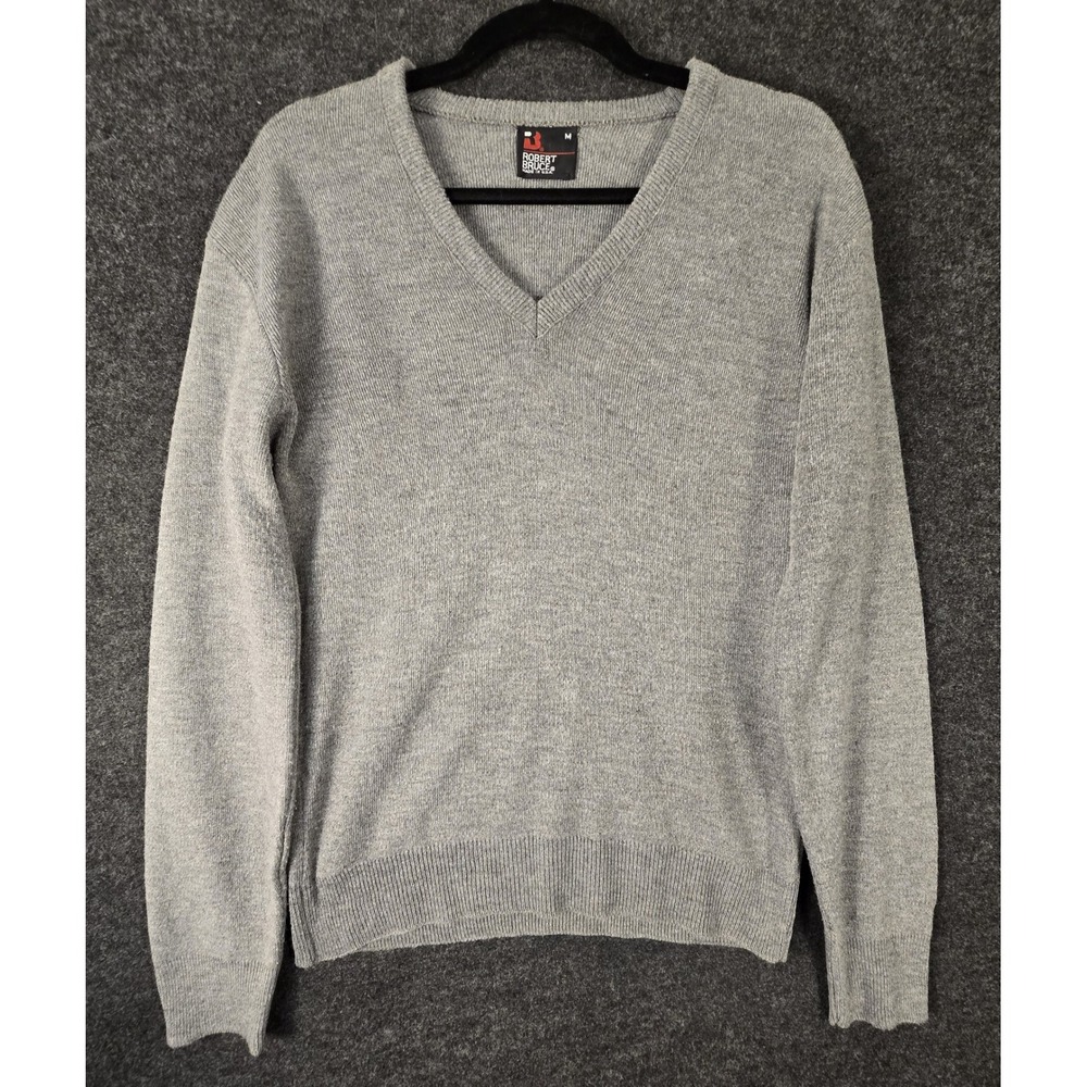 Robert Bruce Mens V Neck Sweater Light Grey Ribbed Knit Pullover Size M